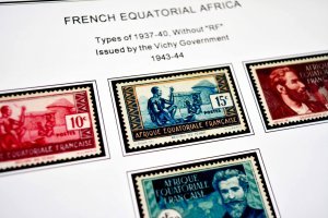 COLOR PRINTED FRENCH EQT. AFRICA 1936-1958 STAMP ALBUM PAGES (30 illustr. pages)