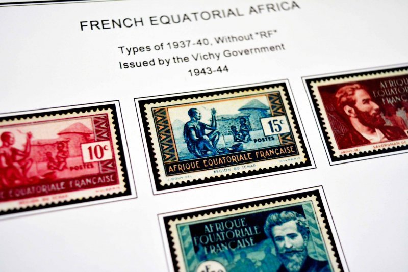 COLOR PRINTED FRENCH EQT. AFRICA 1936-1958 STAMP ALBUM PAGES (30 illustr. pages)