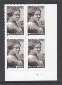 3181 Catalog # Plate Block of 4 Madame C J Walker Black Heritage Entrepreneur 