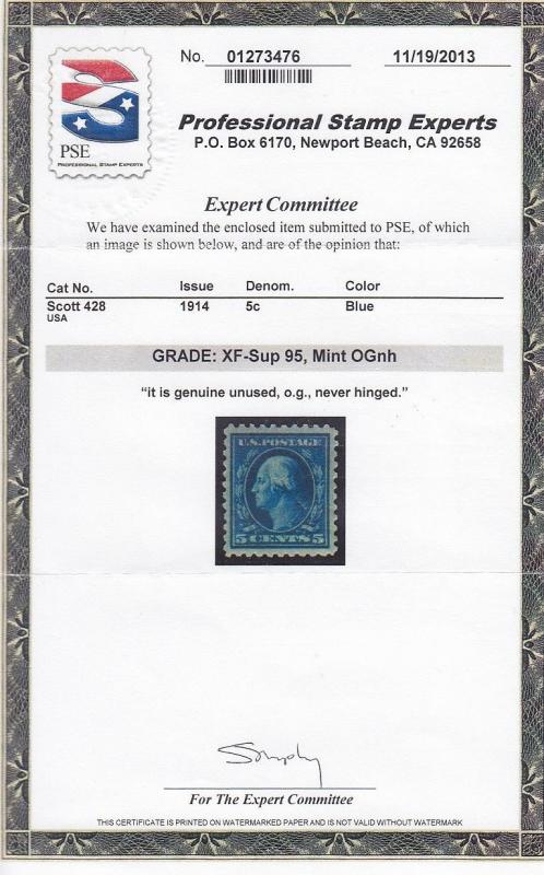 428 Superb - XF OG mint never hinged PSE cert graded 95 ! see pic !