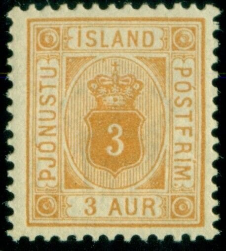 ICELAND #O10 (Tj10) 3aur yellow, og, NH, VF, Scott $45.00