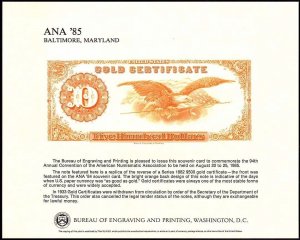 1985 ANA $500 Gold Certificate, 1930s Original Die, souvenir card NSC26, B-82