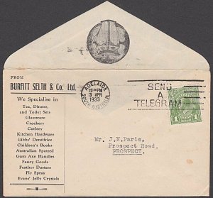 AUSTRALIA 1933 GV 1d on Burfitt Selth advertising cover ex Adelaide.........B560