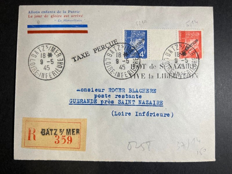 1945 Germany Occupied France Cover Batz Mer to Guerande St Nazaire VE Day