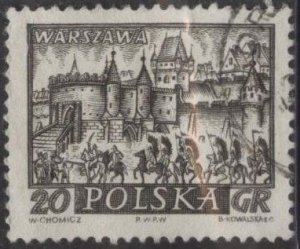 Poland 949 (used) 20g view of Warsaw, dk brn (1960)