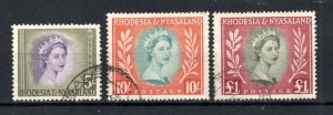 Rhodesia and Nyasaland 1954-56 5s, 10s and £1 Queen Elizabth II SG 13-15 FU CDS