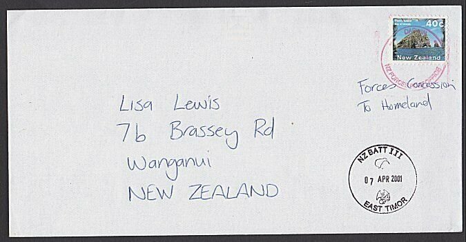 NEW ZEALAND FORCES IN EAST TIMOR 2001 cover via Australia to NZ.............K219