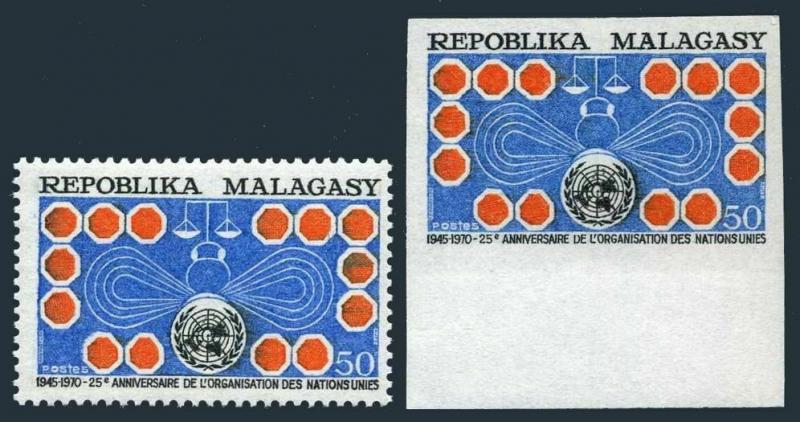 Malagasy 445 perf, imperf,deluxe sheet,MNH. UN,25th Ann.1970.Symbols of Justice