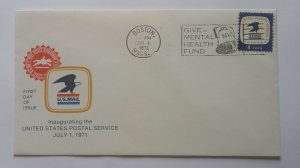 US , FDC , 	INAUGURATING THE UNITED STATES POSTAL SERVICE 	1971	BOSTON MASS		SIN