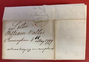 Great Britain, 1799, Stampless Cover/Folded Letter,  Birmingham to Philadelphia 