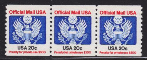 US Sc O135 MNH. 1983 20c Official coil, Plate 1, Strip of 3, VF 