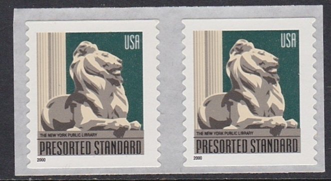 3447 New York Library Lion Coil Pair MNH