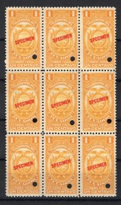 ECUADOR TELEGRAPH Revenue Stamps 1c ABNCo. *SPECIMEN* Block {9} UM MNH MF87