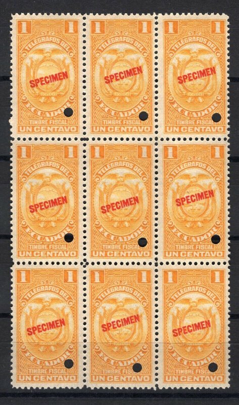 ECUADOR TELEGRAPH Revenue Stamps 1c ABNCo. *SPECIMEN* Block {9} UM MNH MF87