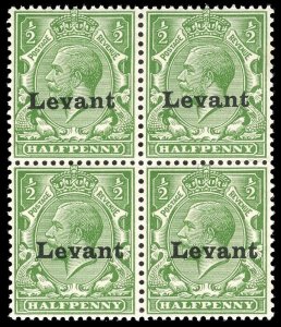 B.Levant 1916 KGV ½d green superb MNH block of 4. Only 1352 copies sold. SG S1
