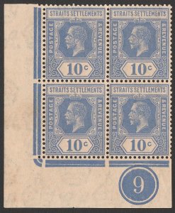 STRAITS SETTLEMENTS 1921 KGV 10c bright blue block with plate no 9, wmk script. 