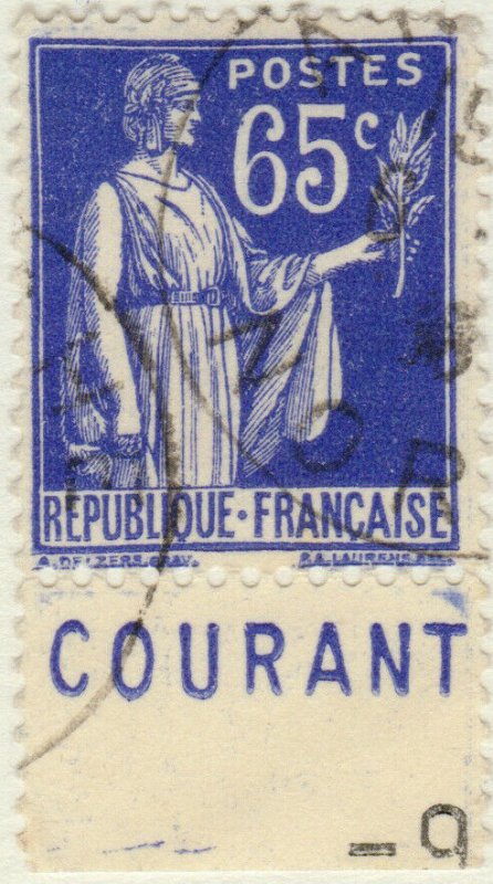 FRANCE - 1937 Pub CCP (COURANT) sur Yv.365b 65c Paix Obl. TB