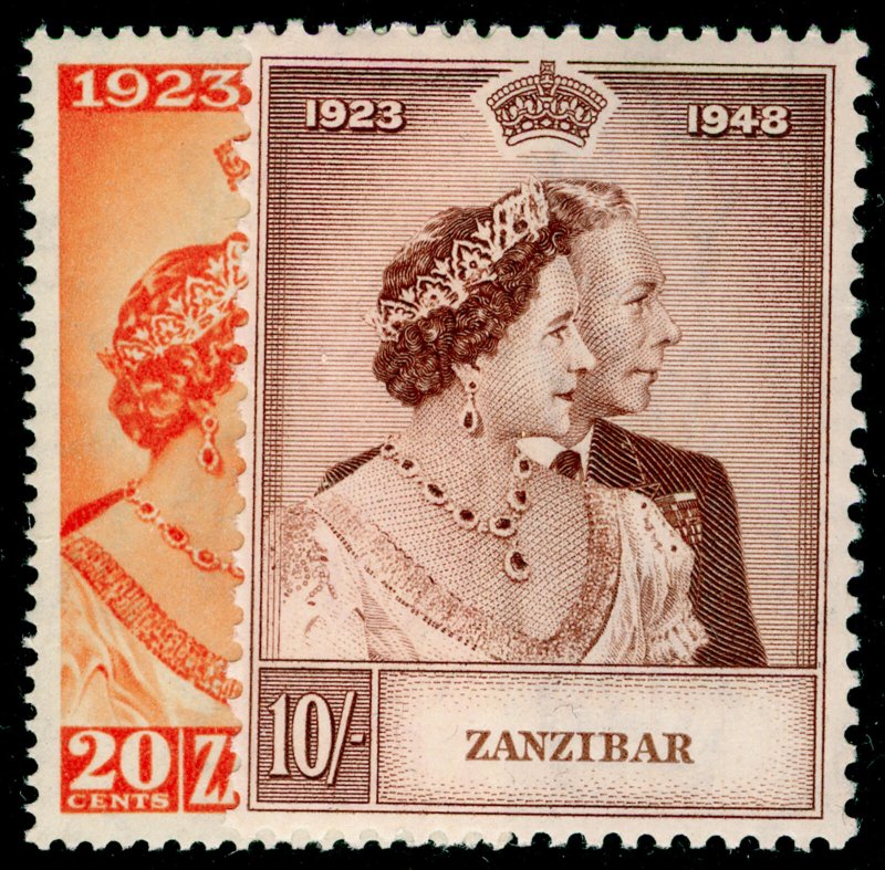 Zanzibar GVI SG333-334, ROYAL SILVER WEDDING set, NH MINT. Cat £25.