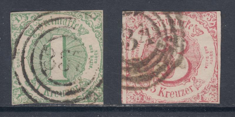 Thurn & Taxis Sc 47, 53 used 1859 1kr green & 1862 3kr rose Numerals, F-VF