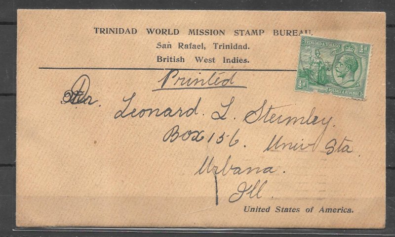 Cover  From Trinidad, BWI to Urbana, IL   World Mission Stamp Bureau 1931