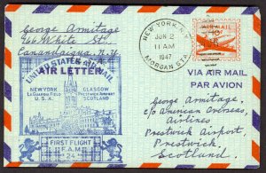 USA 1947 10c Aergoramme Sc UC16 FAM 24 FFC NY to GLASGOW SCOTLAND Cachet