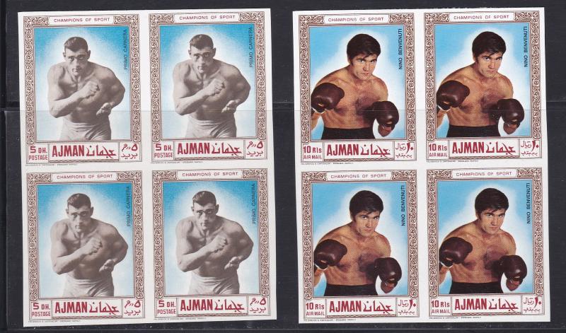 Ajman M # 382-383,  385-386, Famous Boxers, Imperf Blocks of Four, NH