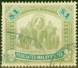 Fed of Malay States 1907 $1 Grey-Green & Green SG48 Good Used Fiscal Cancel