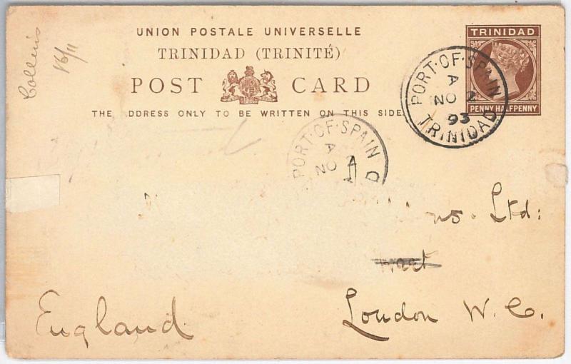 TRINIDAD -  POSTAL STATIONERY CARD: Higgings & Gage # 4 to ENGLAND 1893