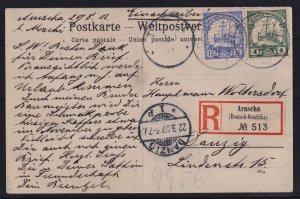 German East Africa 1907 Registered Postcard Aruscha to Danzig Germany