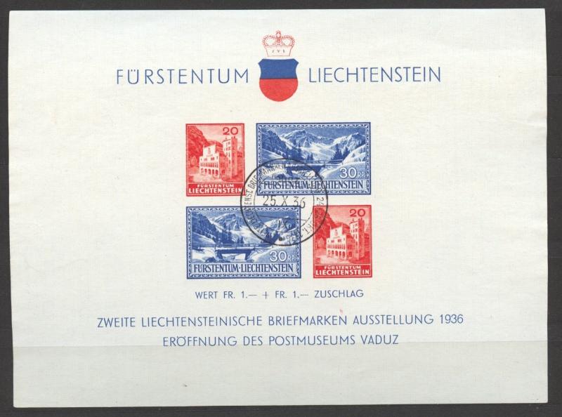 Liechtenstein, 1936 Souvenir Sheet,  VF ++ used, no faults, 