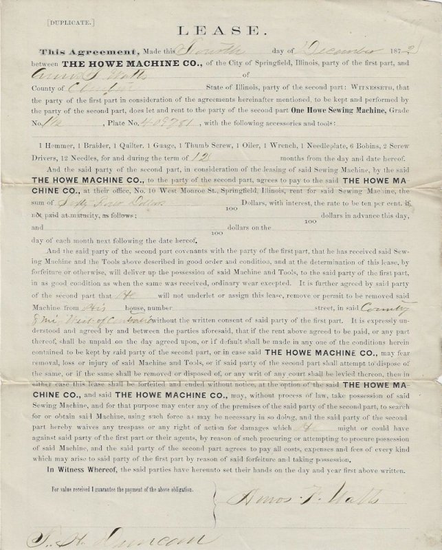 1872 - Lease for a Howe Sewing Machine - Ephemera 1058