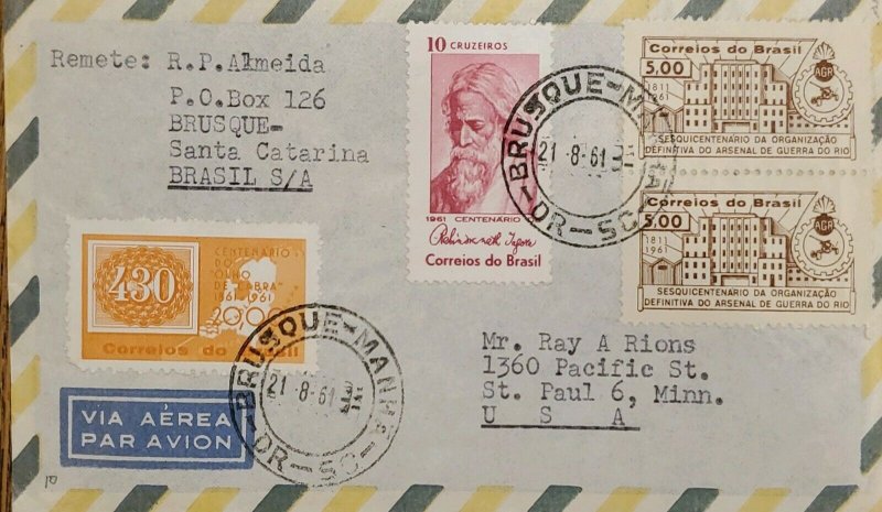 A) 1961, BRAZIL, FROM BRUSQUE - BRAZIL TO THE UNITED STATES, AIRMAIL, CENTENARY  