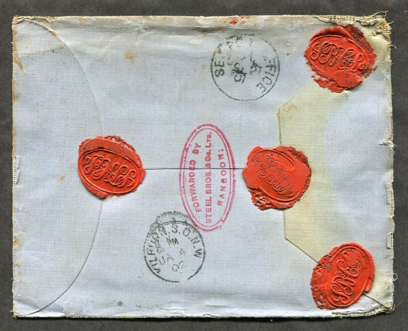 p657 - INDIA used in BURMA 1902 Victoria Stamps on Cover to England. PERFINS.