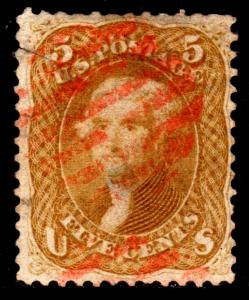 US Sc#67 used, red cancel-fancy, faults, Cv. $860