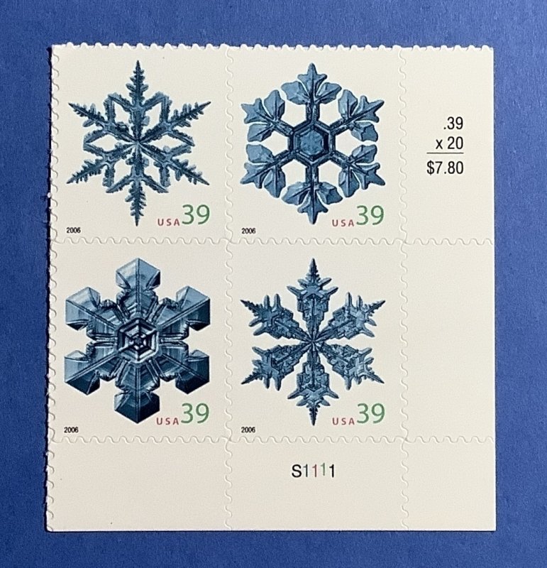 US Scott 4101-4104 Snowflakes, Plate Block of 4, MNH