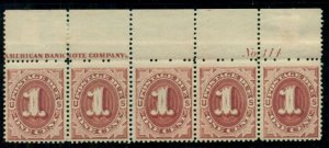 US #J22 1¢ bright claret Postage Due, Imprint Plate No. Strip of 5, NH and LH