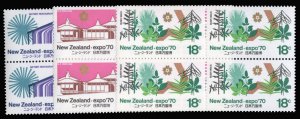 New Zealand #459-461 Cat$12+, 1970 Expo 70, complete set in blocks of four, n...