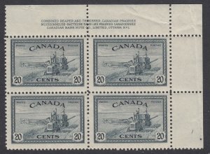 Canada #271 Mint Plate Block, Plate No. 1UR