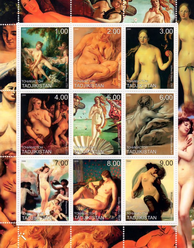 Tajikistan 2000 Nudes Ptgs by Boucher/Durer/Titian/Bouguereau Sheetlet (9) MNH