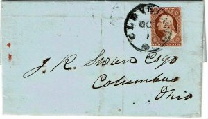 1851 Cleveland, OH cancel on cover, 3c type II, right inner line only recut