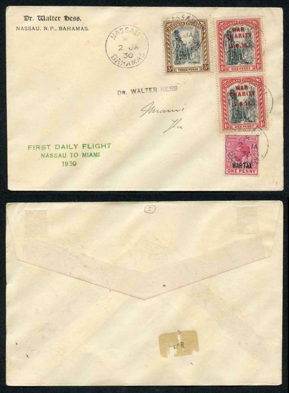 Bahamas 2nd Jan 1930 First Flight with War Charity Stamps etc