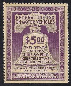 RV30 5 Dollars Motor Vechicle Revenue (1944-45) Stamp Mint OG LH VF