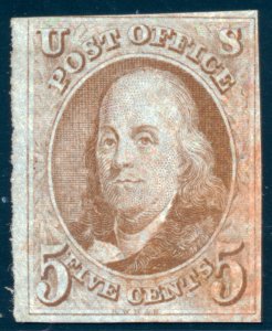 US 1 5c 1847 Benjamin Franklin first issue 3 3/4 margins used