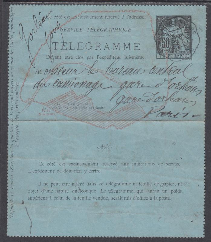 France H&G LA6 used 1884 50c Telegraph Letter Card, F-VF