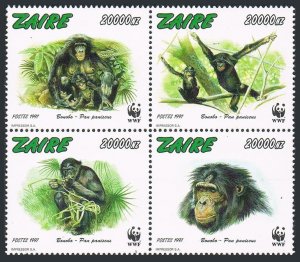 Zaire 1466 ad block, MNH. WWF 1997. Monkey Pan paniscus.