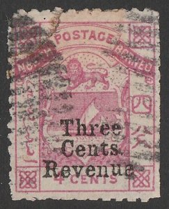 NORTH BORNEO 1886 'Three Cents Revenue' on Arms 4c, Postal Fiscal. Postally U.