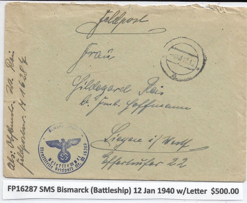 WW2: German Feldpost: #16287, KDM Bismarck (Battleship), 1/12/1940 (M6328)