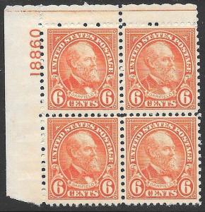 #638 VF MNH OG-6¢ JAMES GARFIELD PLATE BLOCK-UL Position (REM #638-pbD)