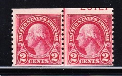 U S  Scott 599 2c Washington Joint Line Coil Pair with Plate Number Mint NH