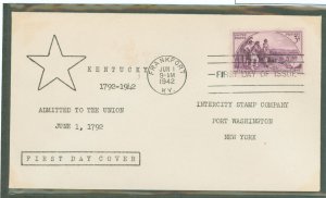 US 904 1942 3c Kentucky/150th year of Statehood on an addressed (typed) FDC with an unknown cachet